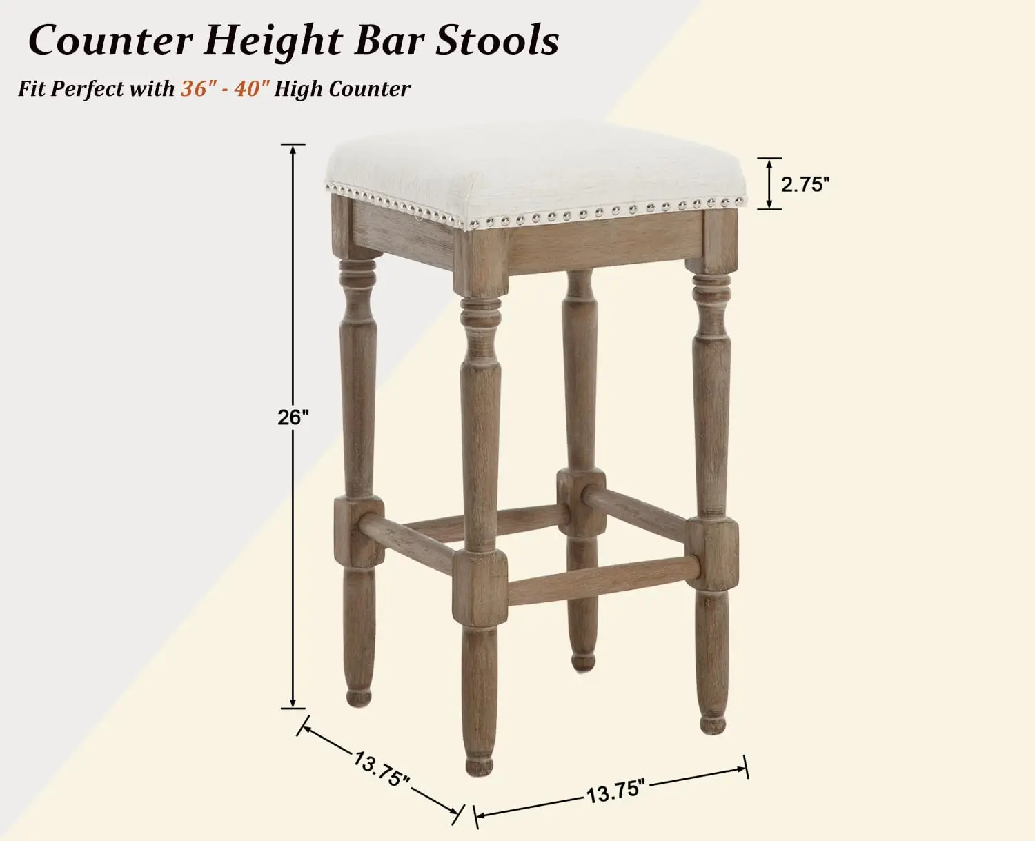 Backless Bar Stools Set Of 2, Nailhead Trim Counter Height Kitchen Island Bistro, Linen Wood, Dark Brown, Customized