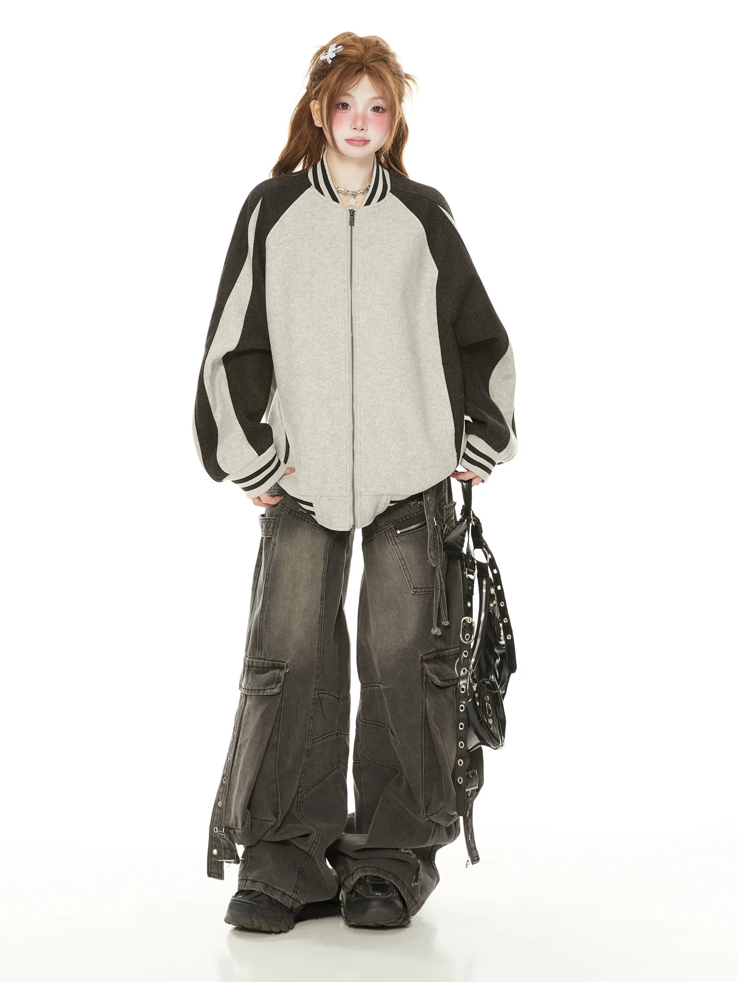 loose-oversized-splice-color-blo-retro-baseball-jaet-women's-casual-neutral-sle-polyester-viscose-fiber-zipper-closure