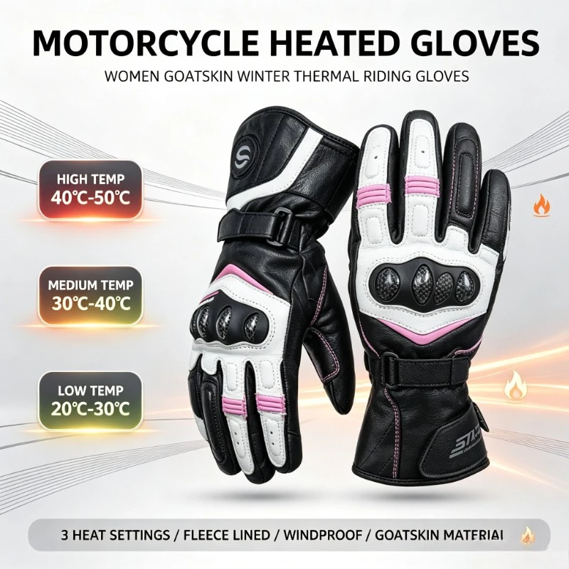 Women Goatskin Electric Heated Motorbike Gloves Winter Thermal Fleece Lined Windproof Coldproof Motorcycle Riding Gloves