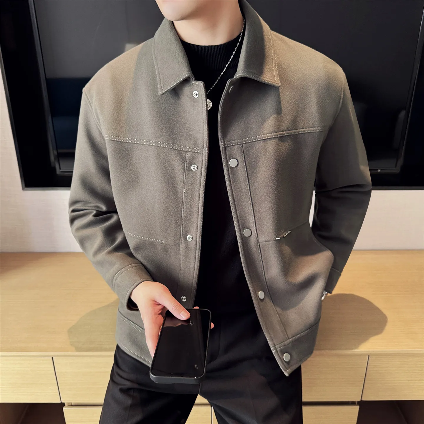 

High Quality Korean Winter Woolen Jacket for Men Lapel Slim Fit Casual Business Wool Blend Jacket Fashion Office Social Coat