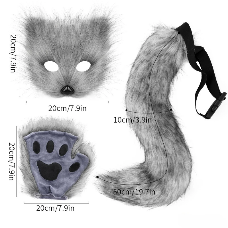 Halloween Decoration Set Simulated Fox Mask Gloves Plush Fox Tail Cosplay props and accessories