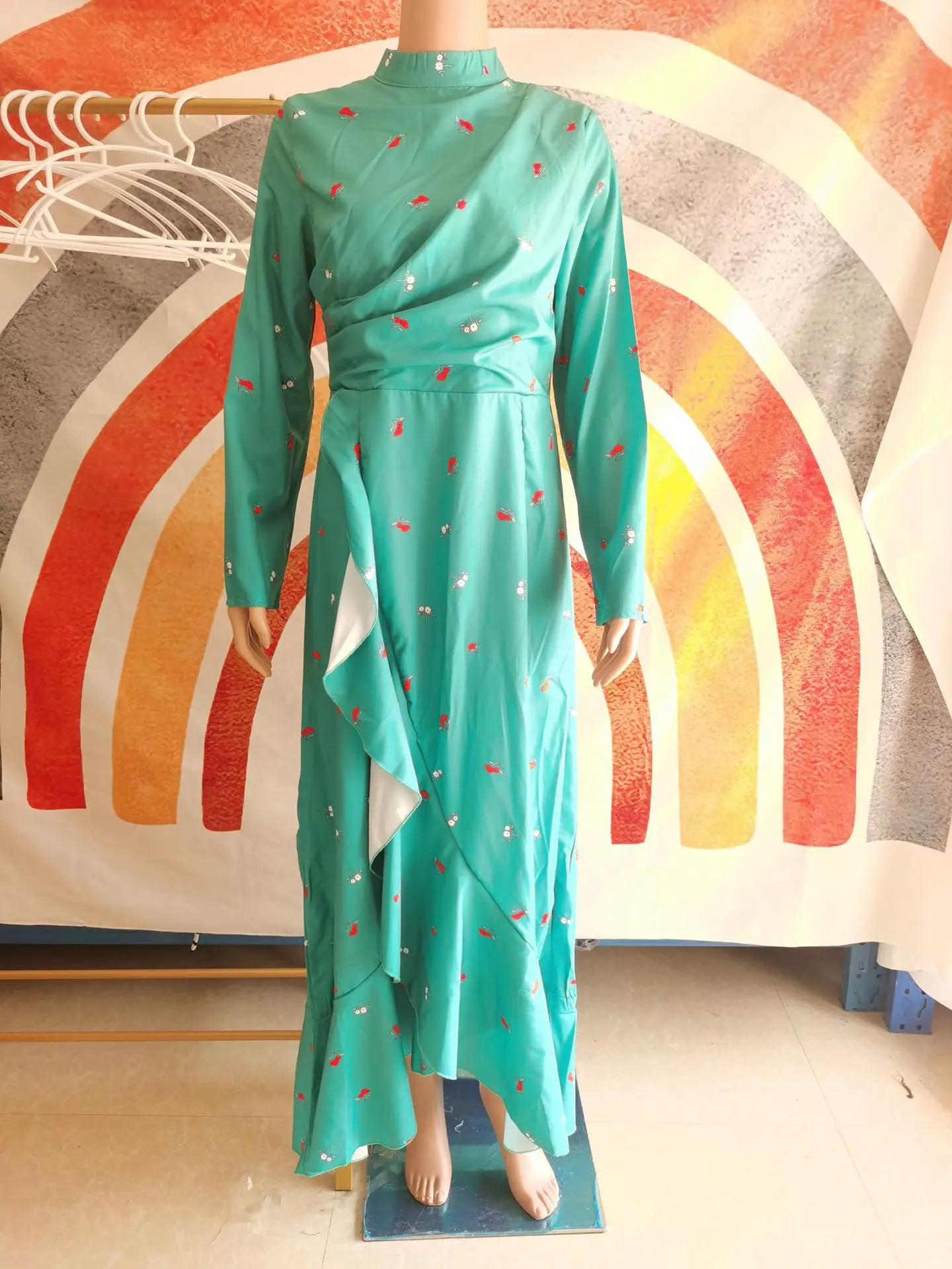 Femmes Eid robes musulmanes Abaya ourlet à volants col roulé imprimé Ramadan marocain magnifique robe de soirée caftan arabe robes coupe ajustée