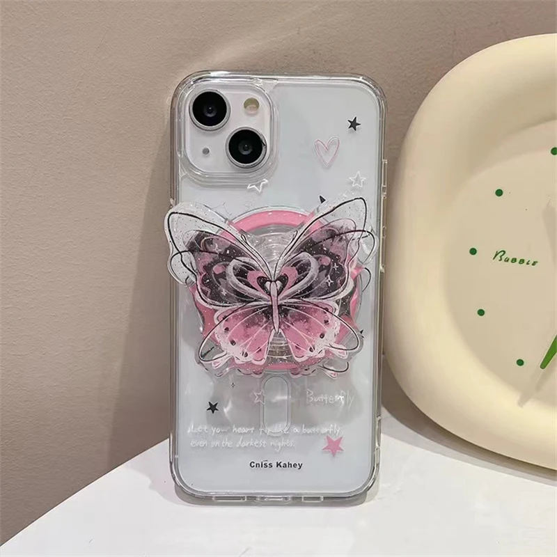 Korean Style Pink Butterfly Magsafe Magnetic Phone Stand GripTok Bracket for iPhone 17 16 15 14 13 Series Mobile Accessories