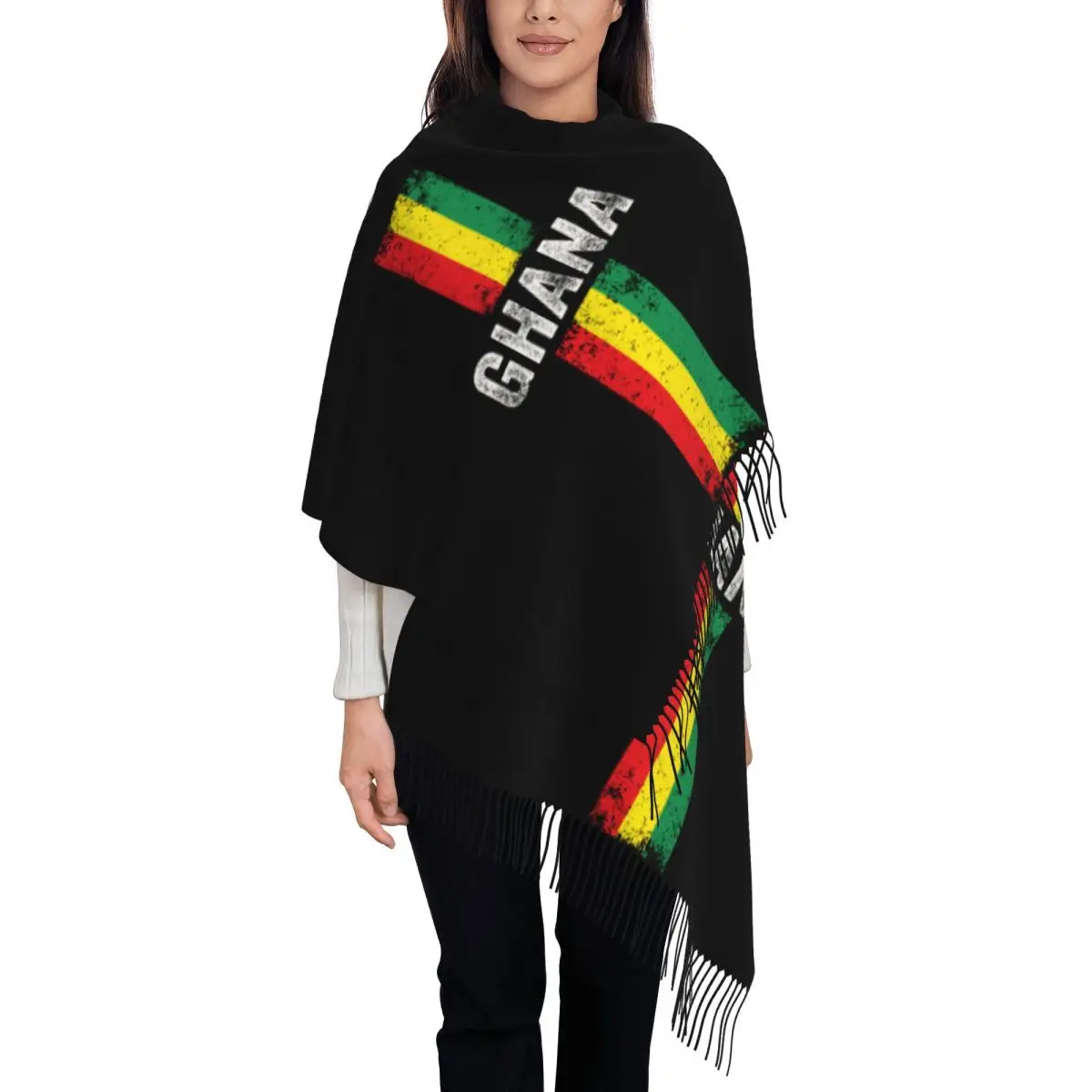 

Custom Ghana Flag Scarf Wrap for Women Long Winter Warm Tassel Shawl Unisex Ghanaian Pride Patriotic Scarves