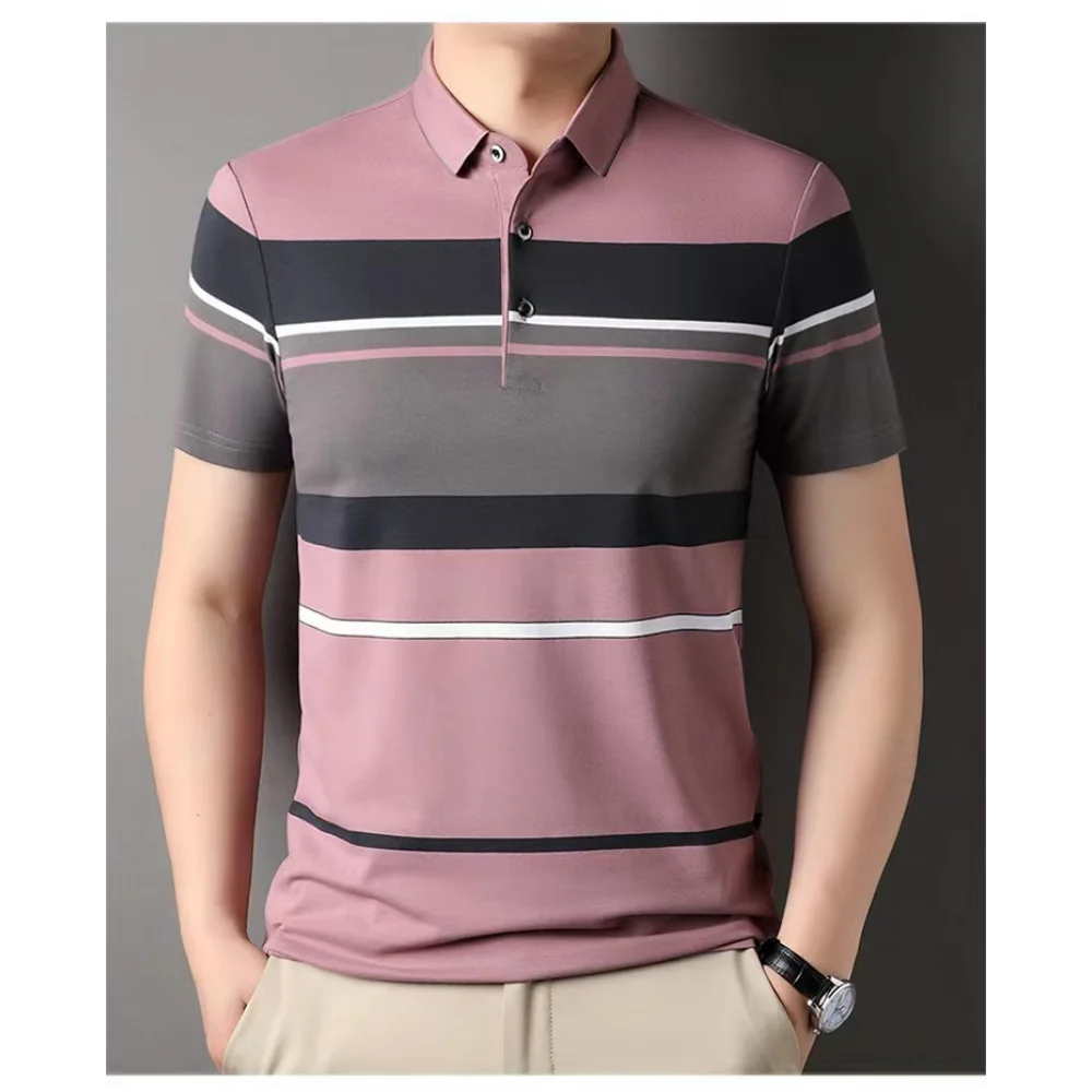 Men\'s Polo Shirts Korea Man Golf Shirts Summer Striped Print Button Clothing Business Style Male Streetwear Short Sleeve