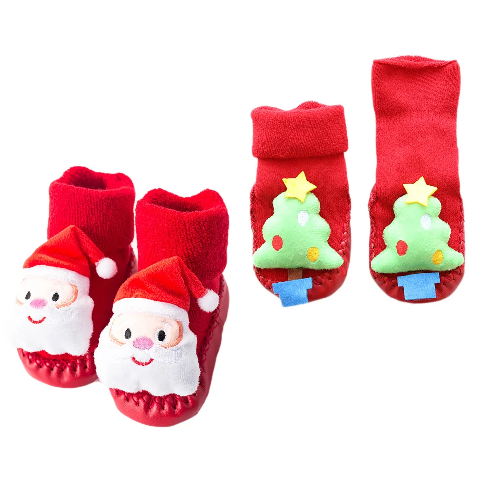 

2Pairs Adorable Baby Socks with Cartoon Design Christmas Gift Anti-Skid Cotton Socks for Infants Daily Use Floor Sock