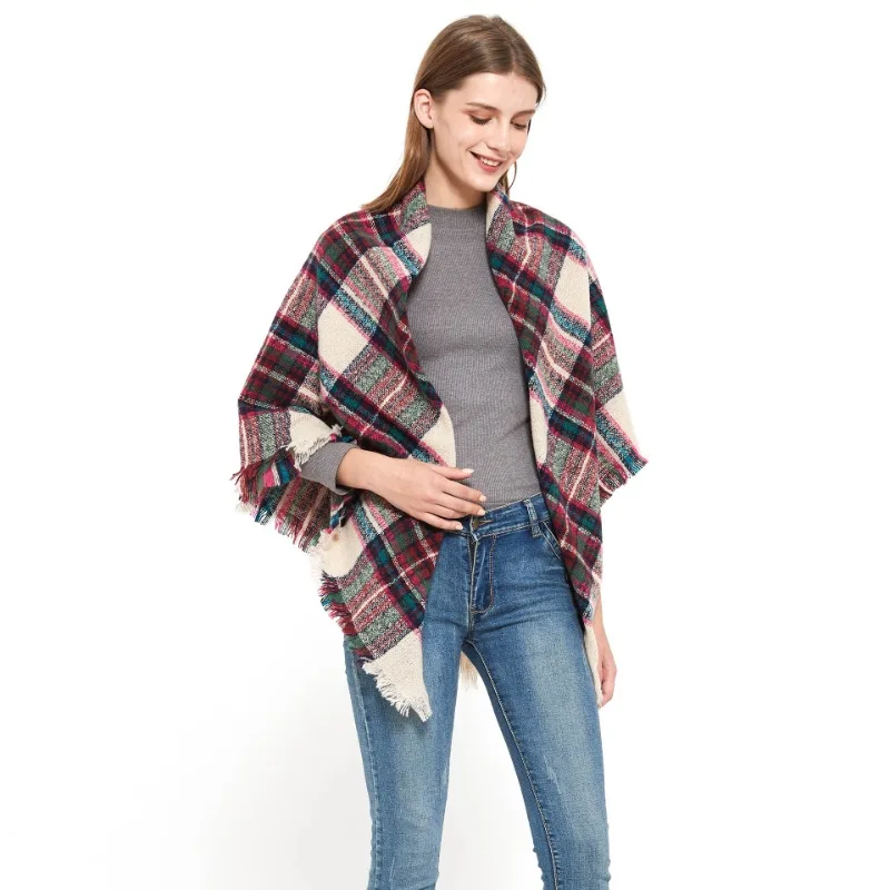 Осенне-зимний треугольный шарф для женщин, двухсторонний семицветный клетчатый квадратный шарф из искусственного кашемира, модные шарфы