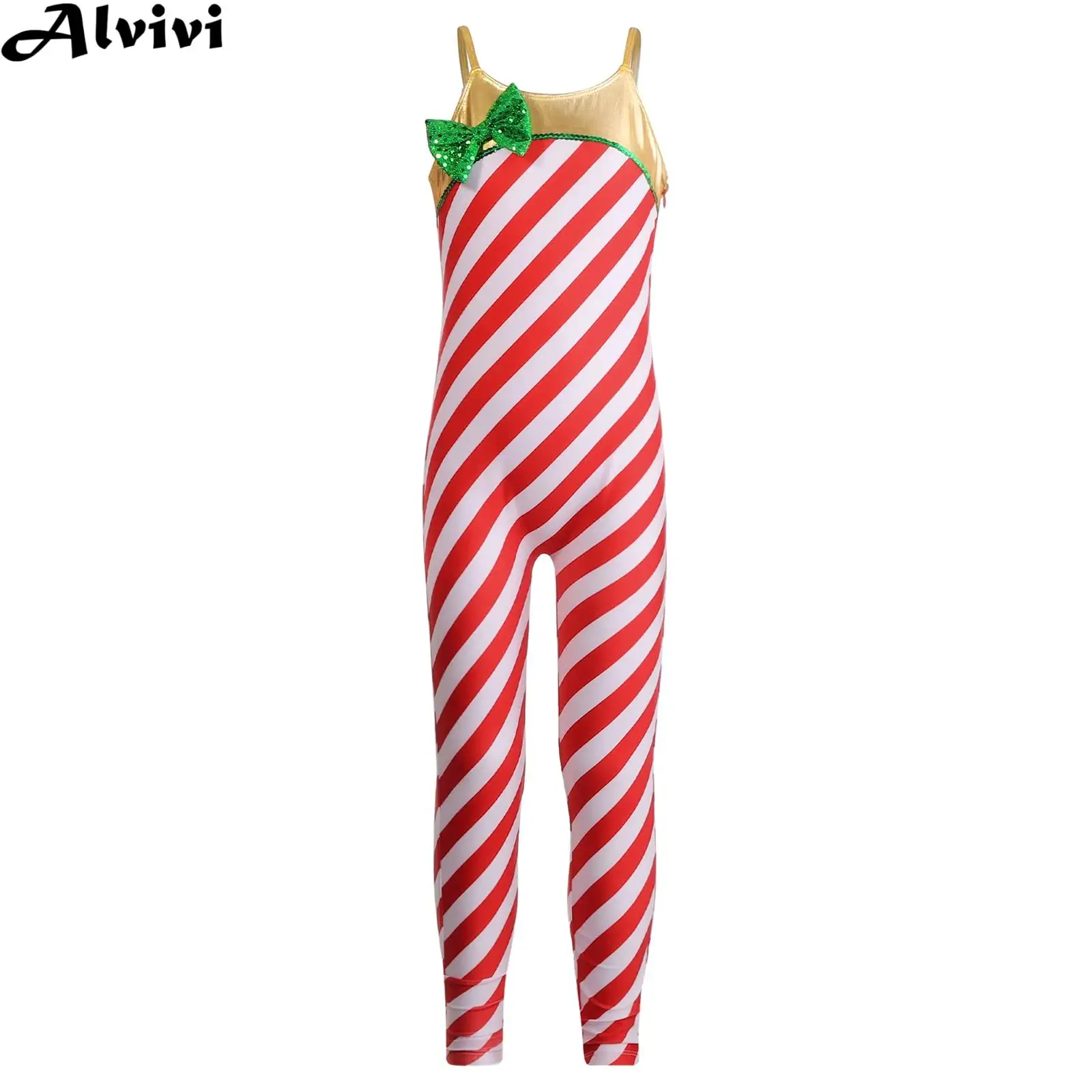 Children Girls Christmas Ballet Dance Gymnastics Yoga Ice Skating Leotard Striped Sleeveless Zipper Candy Cane Bodysuit Jumpsuit