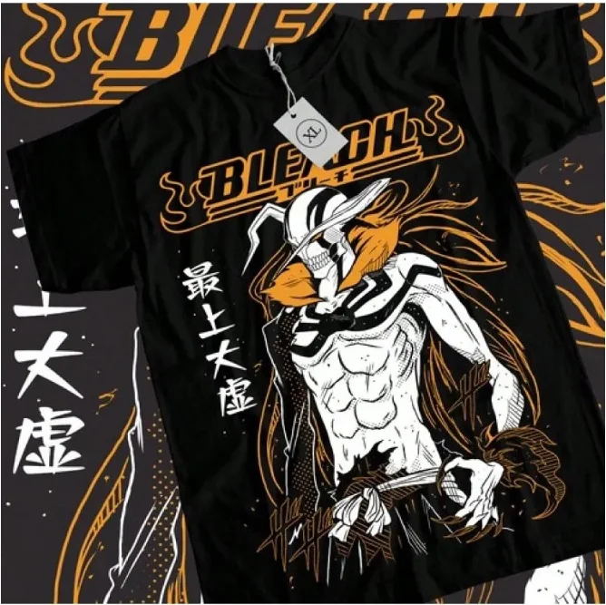 2026 Bleach Ichigo Half Hollow Mask Dual Figure Chinese Kanji Print T-shirt Black Oversized Cotton Casual Tee For Anime Fans view 3