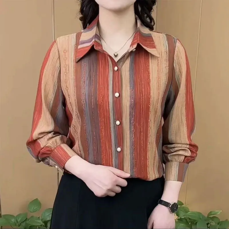 Casual Fashion Striped Blouse Contrasting Colors Spring Autumn Commute Single-breasted Female Clothing Lapel Chic Diamonds Shirt