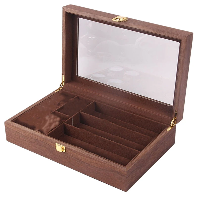 

Wooden 4 Cells Watch Display Case,3 Cells Eyeglass Display Organizer, Glass Topped Wooden Watch Display Case