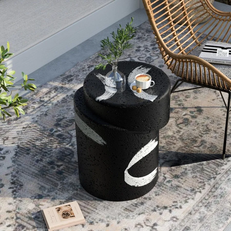 

Outdoor Concrete Side Table with Graffiti Black Finish 14 Round Patio Accent Table Ceramic Garden Stool for Lawn Backyard Pool