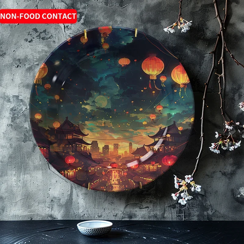 1pc Cityscape Ceramic Decorative Plate - Chinese Lanterns & Urban Night Sky Art, Non-Food Contact Home Decor for Living Room,