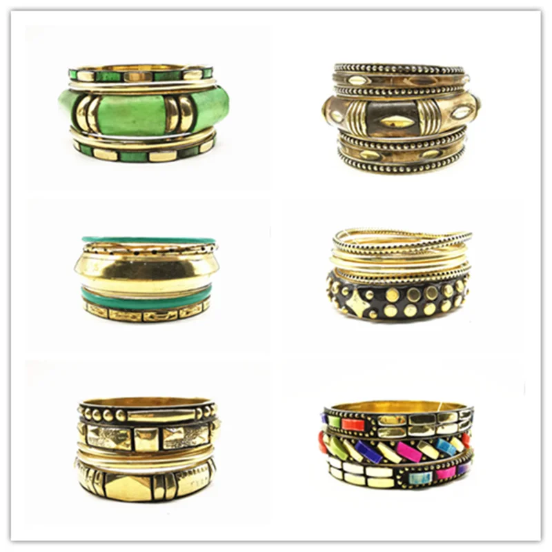 2024 Fashion BOHO Metal Brass Sets Bangle Inlaid Colorful Bone Resin Cuff Multi Desings BB-015