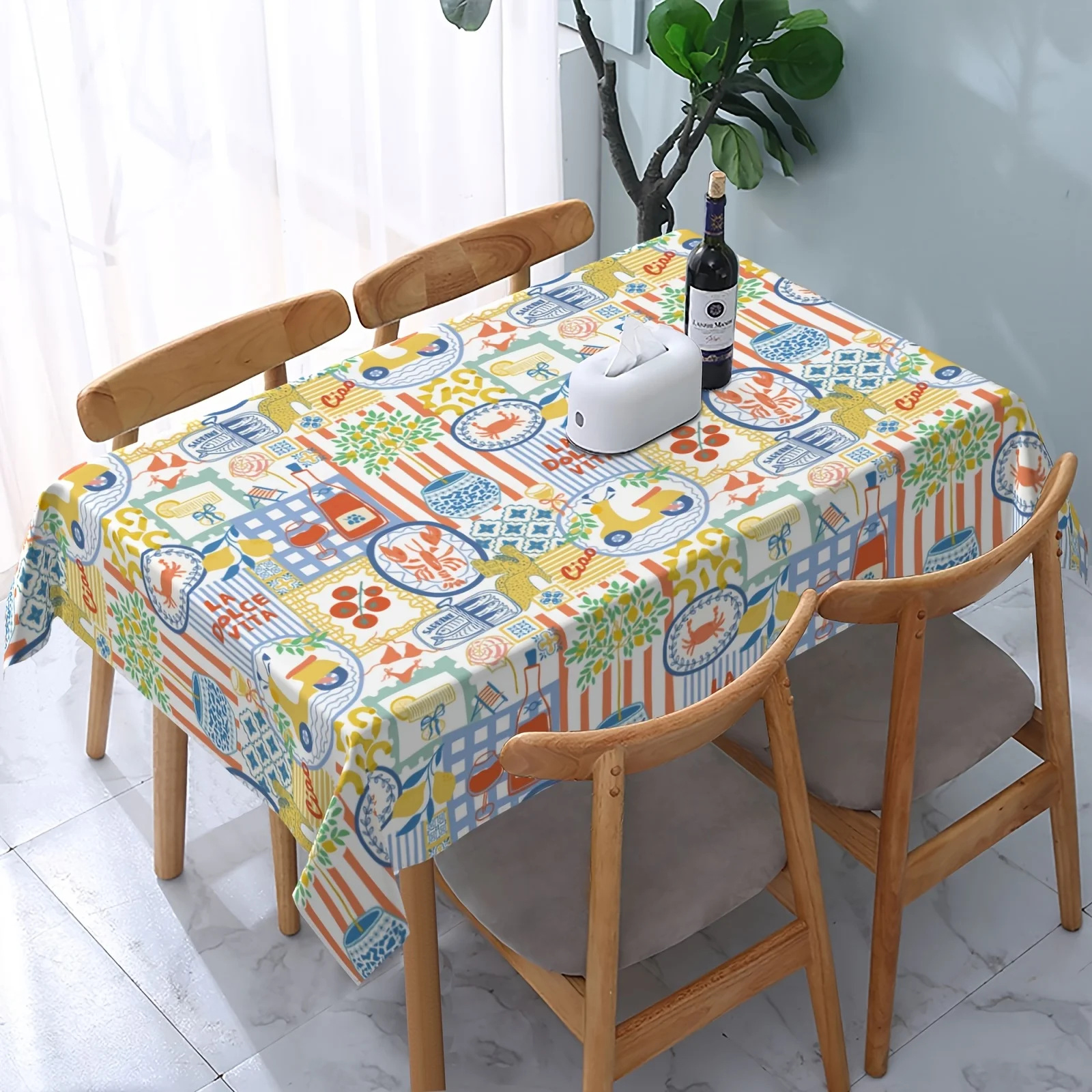 Italian multi-color collage coastal print tablecloth, 