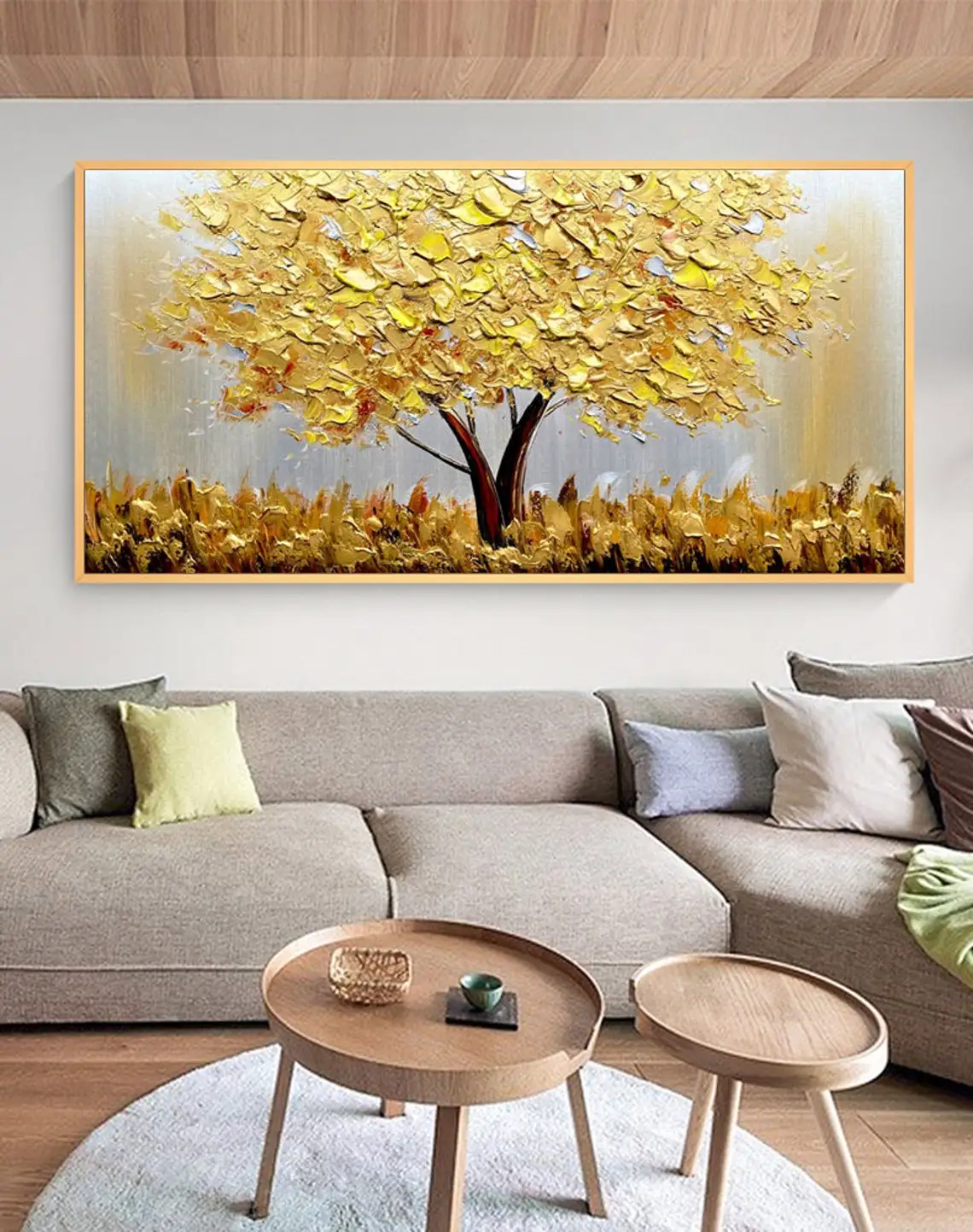 Blooming Gold Tree On Canvas Abstract Plant Floral Oil Painting Tree Landscape Wall Deco Large Wall Art Home Decor Gold Tree Art