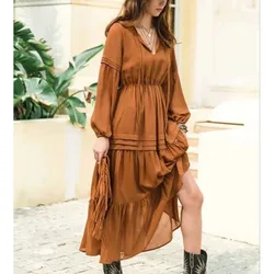 Ladies' Fashionable Lace Up V-neck Ruffle Patchwork Dress Elegant Princess Style French Solid Color Waist Dress For Autumn 2024