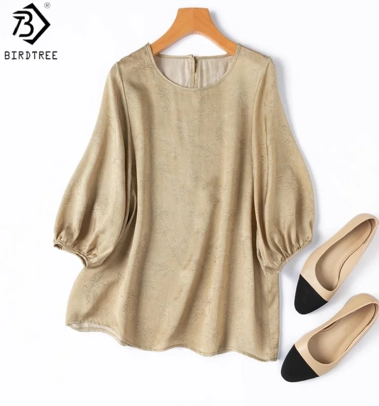 

Birdtree 20MM 100% Mulberry Withered Yellow Shirt,Women Jacquard Plain Satin Lantern Sleeves O-neck Blouse,2025 New T57904JF
