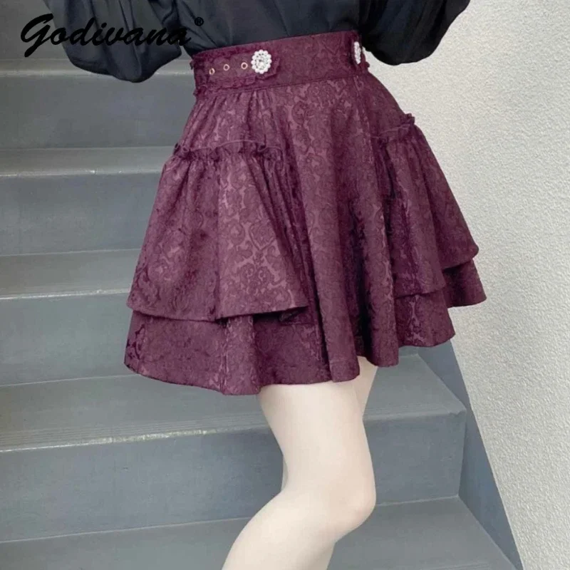 High Waisted Rhinestone Button Jacquard Black Rojita Skirt Mine Mass-Produced Spring Summer Women's Pleated A- Line Skirt