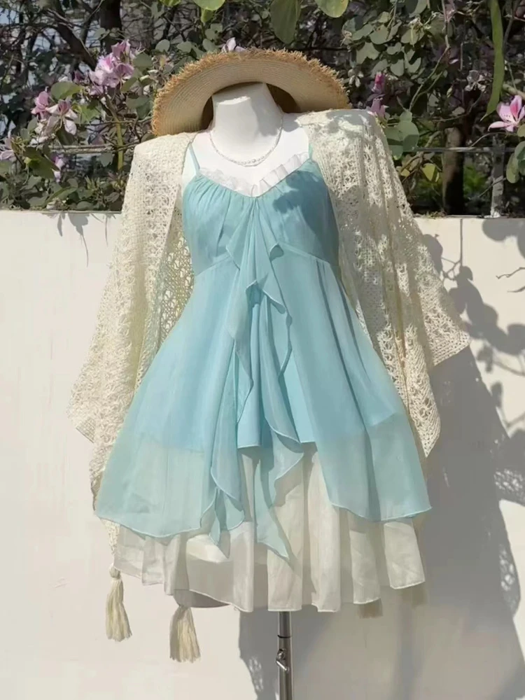 Coquette French Vintage 2 Piece Set Women Casual Hot Girls Sexy Design Outfits Y2k Elegant Beach Style Evening Party Clothing