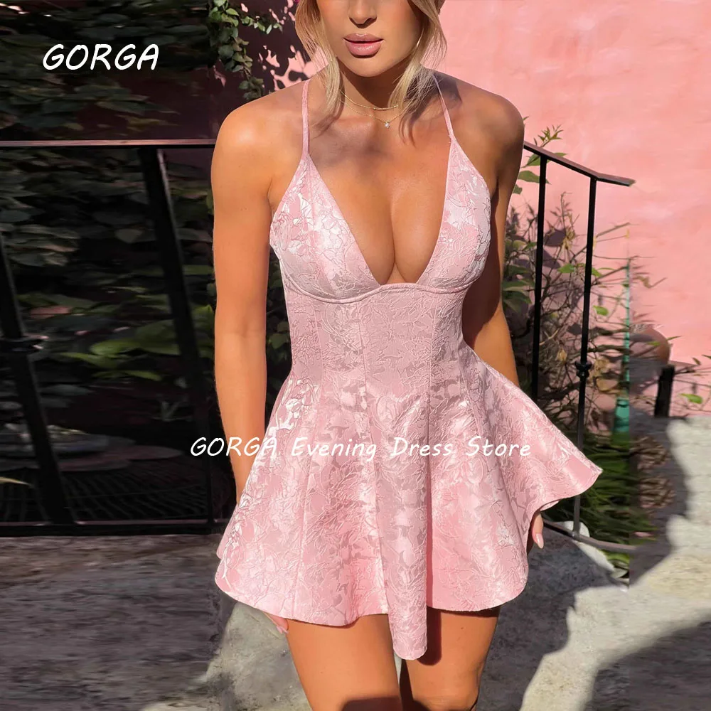 GORGA Simple Pink Deep V-Neck Short A-LINE 2024 Slim Satin Ocassion Gown Knee-Length Formal Evening Dress Party Dress