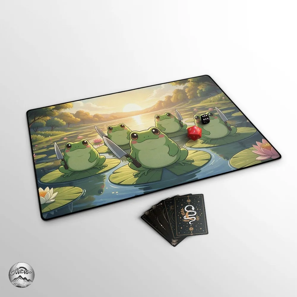 TCG Playmat: Funny Frogs With Knives, Cute Frogs Play Mat With EDH Card Zones, Kawaii Anime Frogs For Frog Deck pc accessories