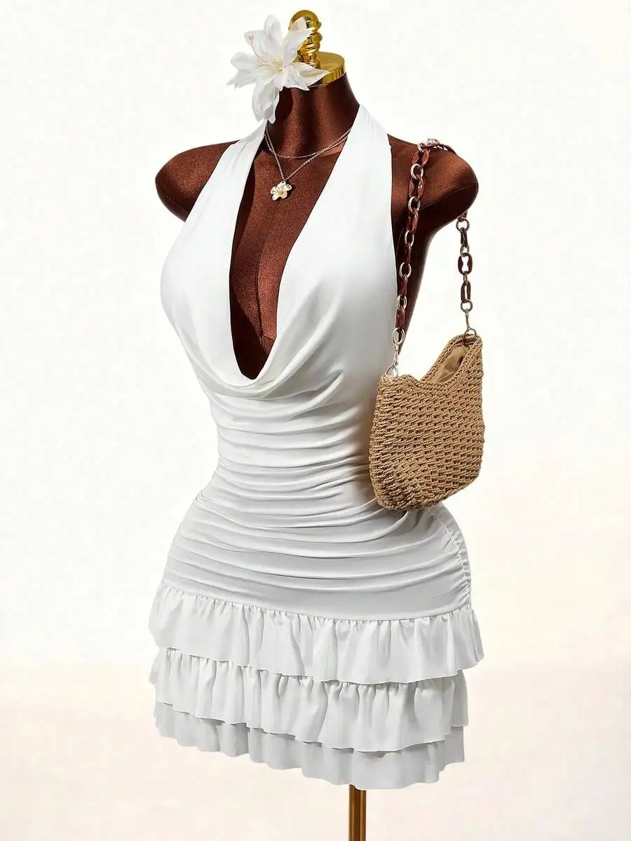 

Women Solid Color Plunging Neck Ruffle Hem Halter Dress Summer Vacation Outfit