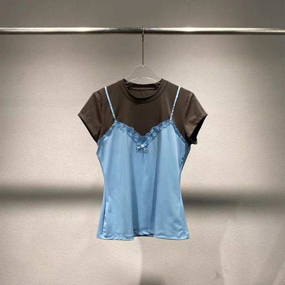 

Женская футболка Color Clash Fake Two Y2k с бантом и кружевом, элегантные футболки с круглым вырезом и короткими рукавами, новинка лета 2023 г.