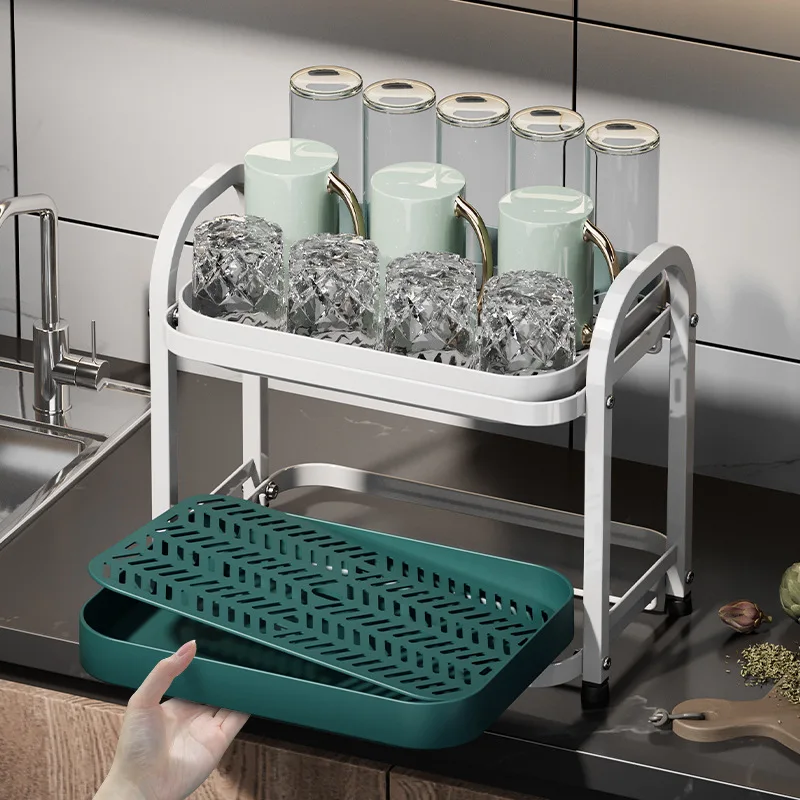

New model Multifunctional living room drain cup holder, desktop dust-proof storage rack, double-layer drying cup with water tray