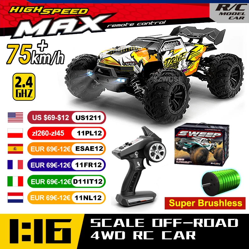 WLtoys 16101 Pro 1:16 75KM/H 4WD RC سيارة مع مصباح ليد 2.4G سيارات التحكم عن بعد عالية السرعة الانجراف شاحنة كبيرة للأطفال هدية