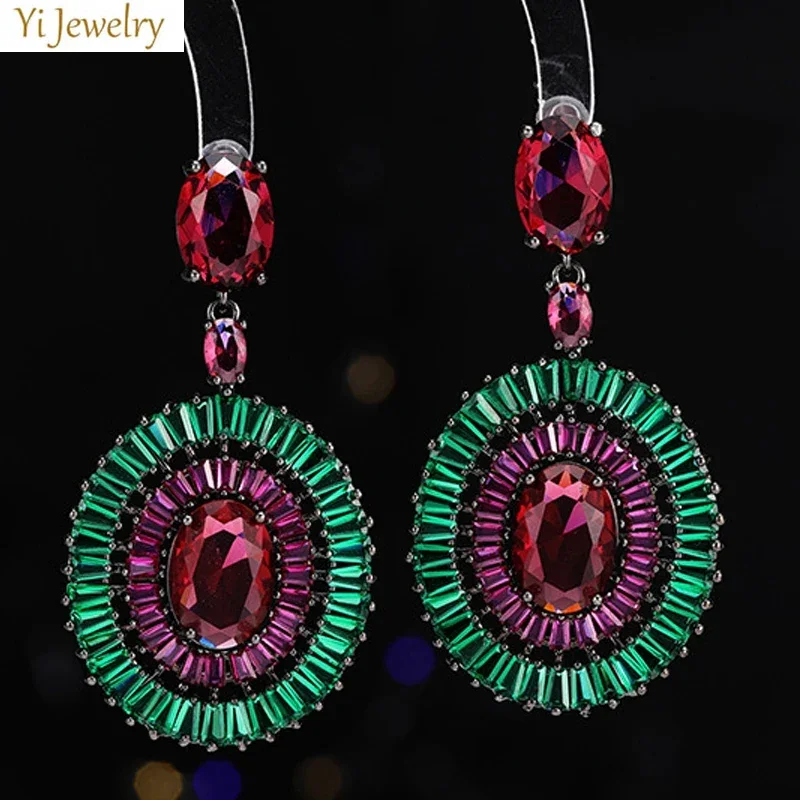 Green Black Round Dangle Earrings for Women Luxury Jewelry Copper Zircon Bicolor Drop Earrings Evening Party Female Gift