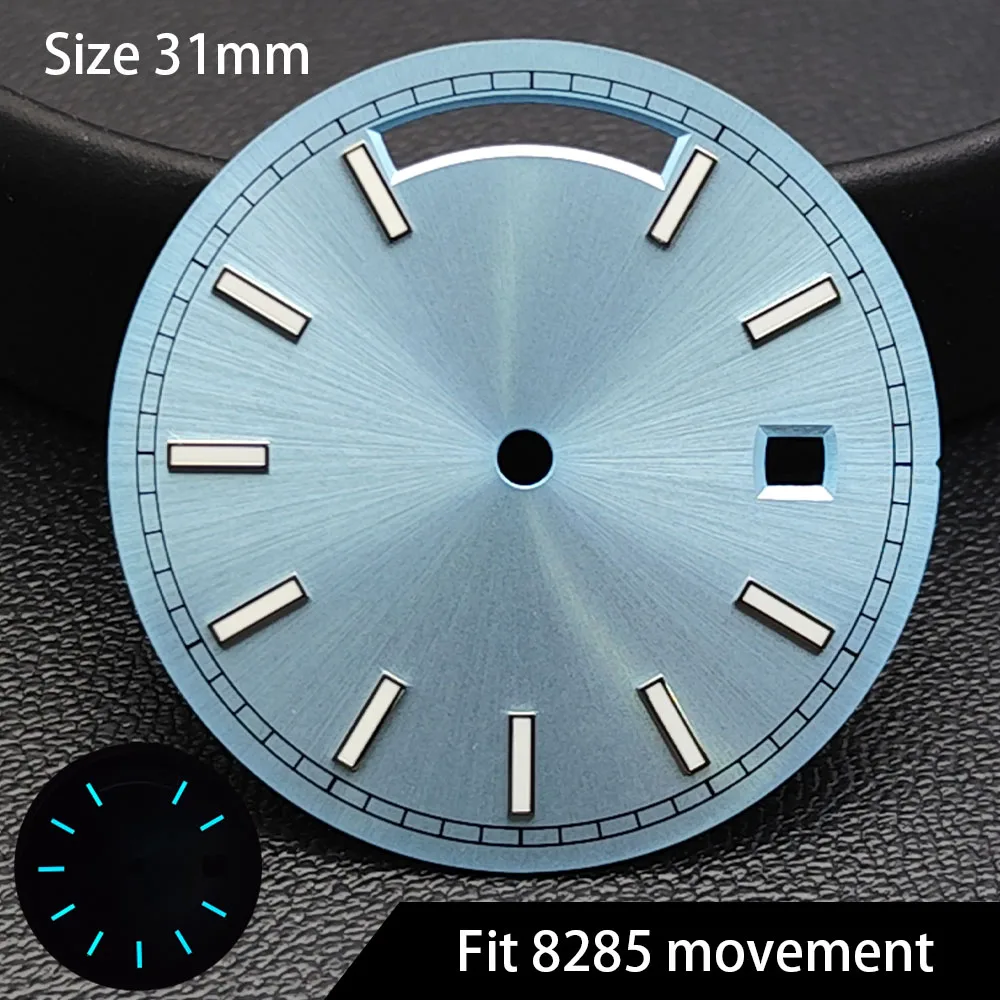 Quadrante da 31 mm di alta qualità adatto per Miyota 8285 Orologio con data e giorno, calendario modificato, display settimanale, numeri romani luminosi blu