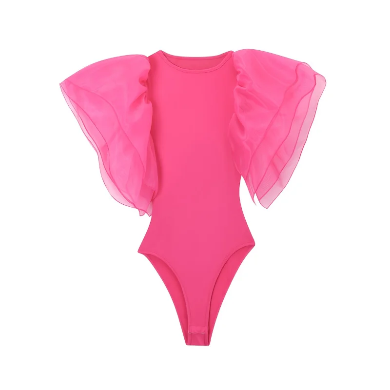 Mesh-paneled Solid-color Bodysuit - view 3
