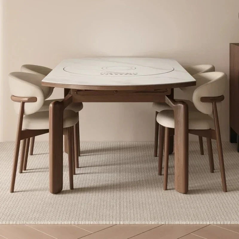 Medieval solid wood rock slab dining table Small apartment with induction cooker turntable Foldable round table