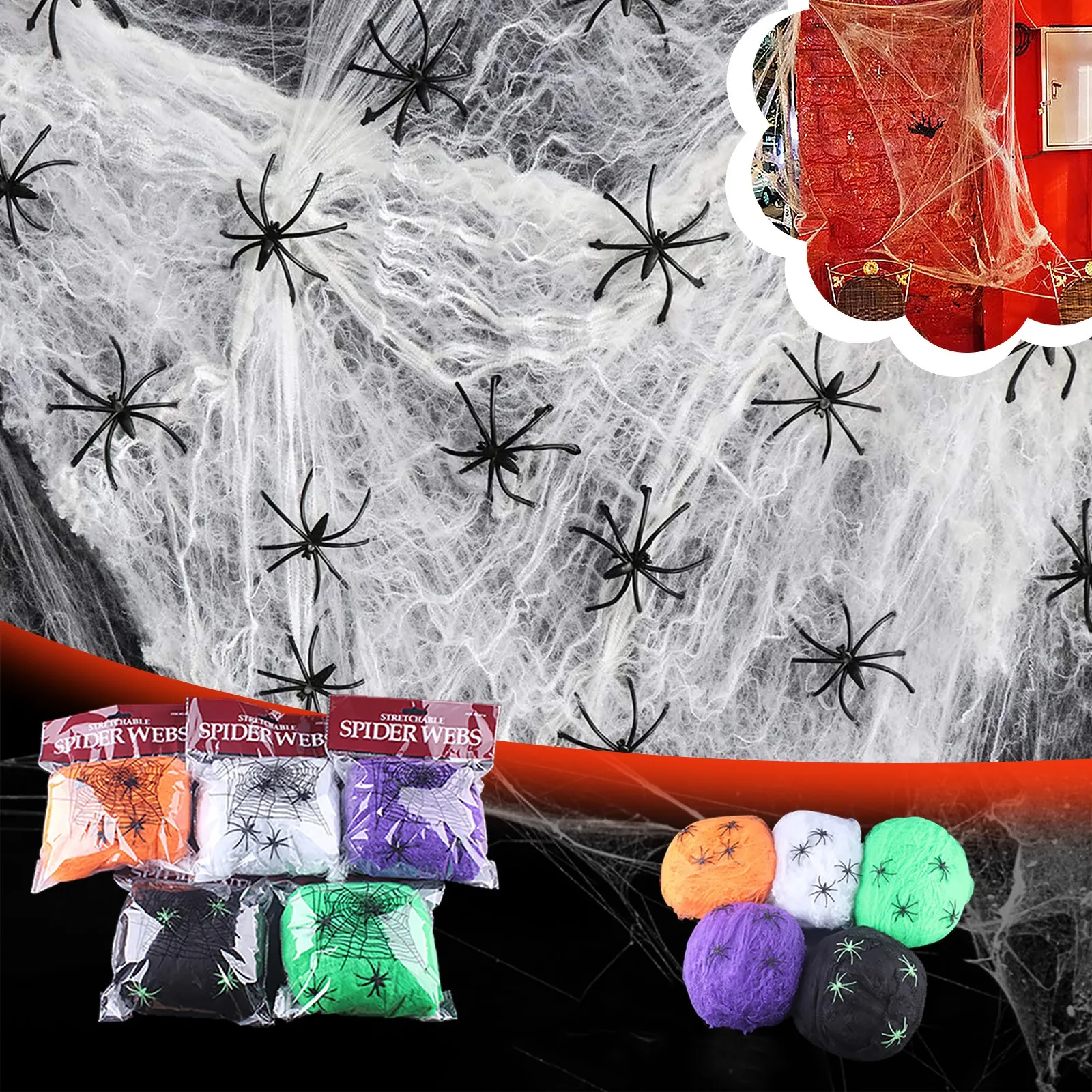 Halloween Super Stretch Spider Web Decor, 100g Cotton with 4 Pieces Fake Spiders for Decor, Party Supplies & Bar Haunted House