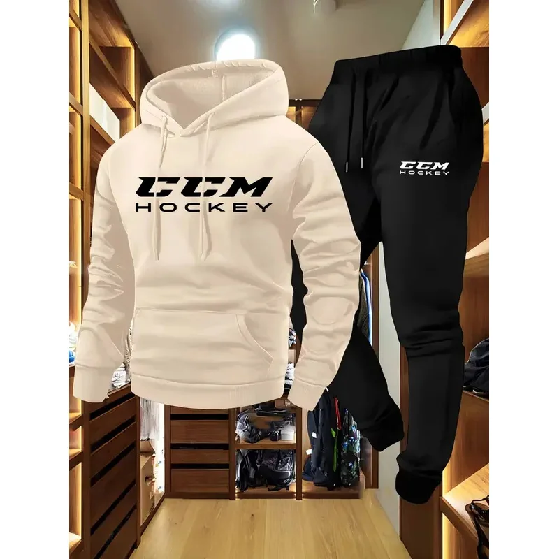 

CCM Мужской повседневный спортивный комплект из двух предметов: толстовка с капюшоном и джоггеры с длинными рукавами черного и бежевого цвета с принтом CCM