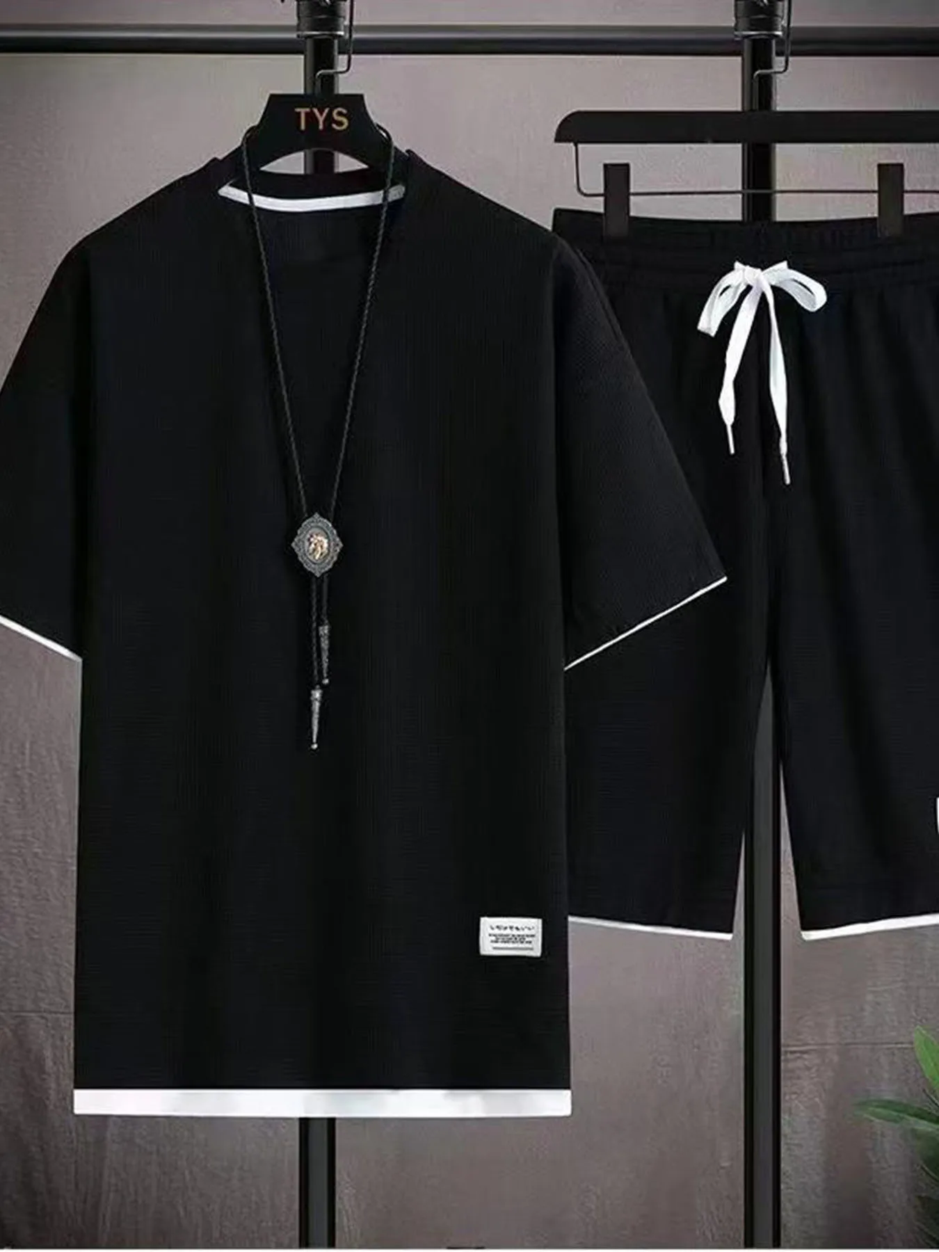 

Summer Men's Casual 2 Piece Set Black Waffle Knit T-Shirt + Drawstring Shorts Contrast Hem Lou