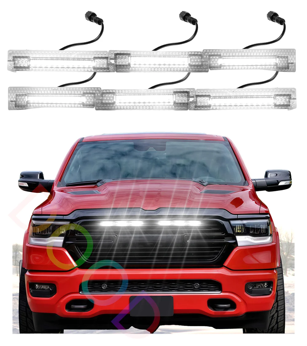 

Белые гоночные решетки радиатора с LED-подсветкой, подходящие для Dodge Ram 1500 Laramie 2019-2024, аксессуары для решетки радиатора из ABS-пластика.