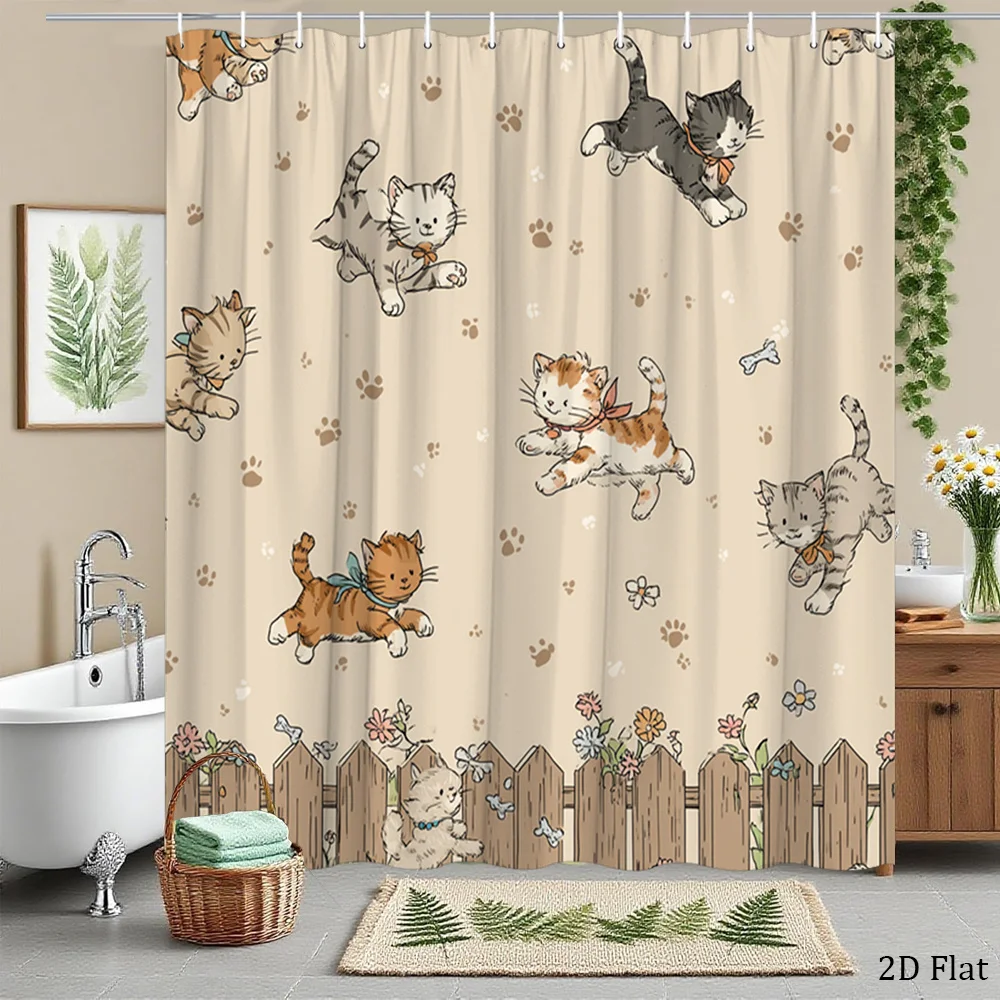 Cartoon Cat Print Shower Curtain, Funny Playing Cats with Fence Pattern, Animal Bathroom Decor Waterproof Polyester Bath Curtain