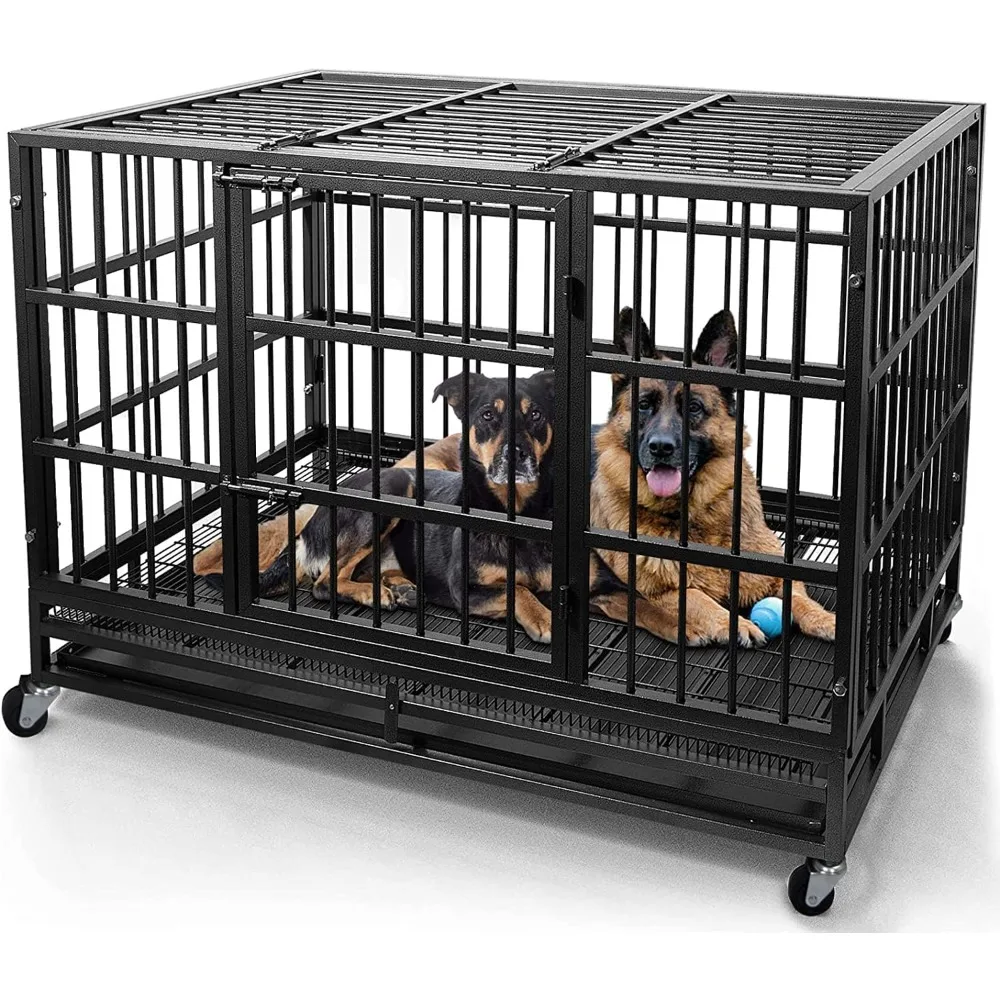 

48 Inch Heavy Duty Dog Crate Cage Kennel with Wheels, High Anxiety Indestructible Dog Crate, Sturdy Locks Design, Double Door