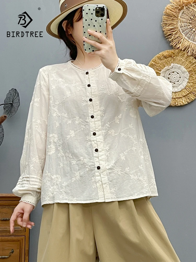 

New 2025 Autumn Cotton Long Sleeve Shirt, Women Stand Embroidery Folds, Mori Girl Fashion Versatile Casual Loose Blouse T58754CC