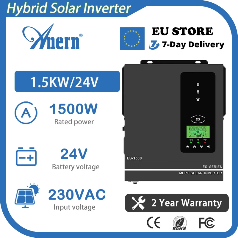 Anern 1500W 1000W Hybrid Solar Inverter 24V 12V 220V Pure Sine Wave MPPT 80A Charger Max PV 150Vdc Input 1KW 1.5KW Home Inverter