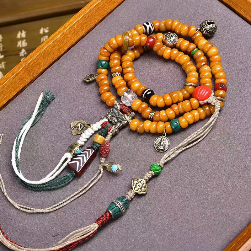 108 Yak Bone Large Intestine Necklace Multi-Loop Bracelet Agate Dzi Beads Accessories