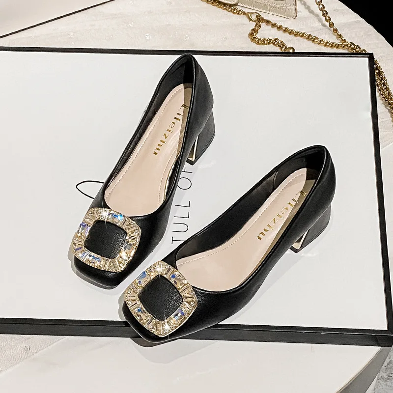 Size 35-43 New Large Size Square Toe Women Shoes Spring Autumn Rhinestone Square Lock Ladies Footwear Comfort Lady Shoe A004