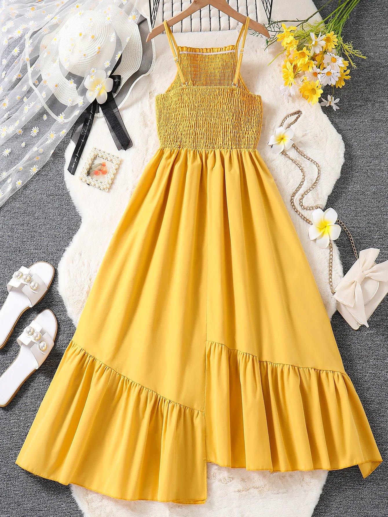 2024 Summer New Arrival Girls Sleeveless Ruffles Ruched Yellow Cute Dress Infantil Menina Cute Party Dress Custume 8-12T