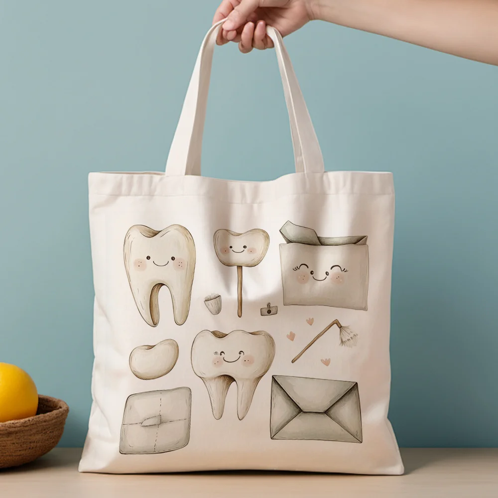 A Tooth pattern print canvas tote bag, suitable for daily use, shopping, school, and travel