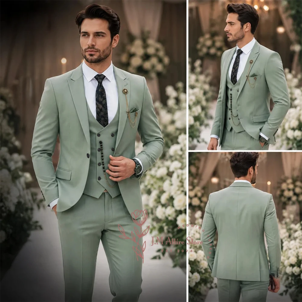 Sage Green Suit Men's 3 Piece Set Peak Lapel Jacket Vest Pants Custom Slim Fit for Wedding Groom Cocktail Party Tuxedo