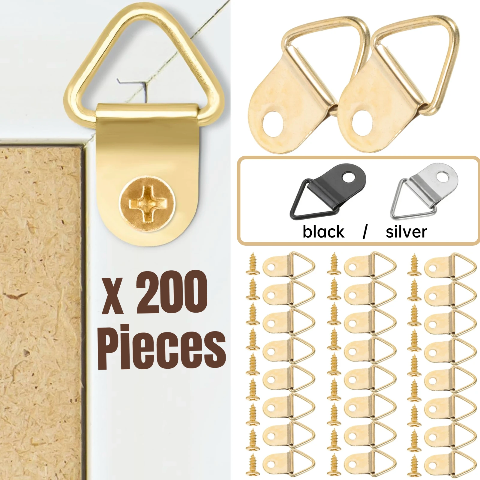 200 Pack Triangle Ring Gold/Silver/Black Steel Picture Hangers with Screws Picture Frames Hanging Clock Paintings Artwork Photos