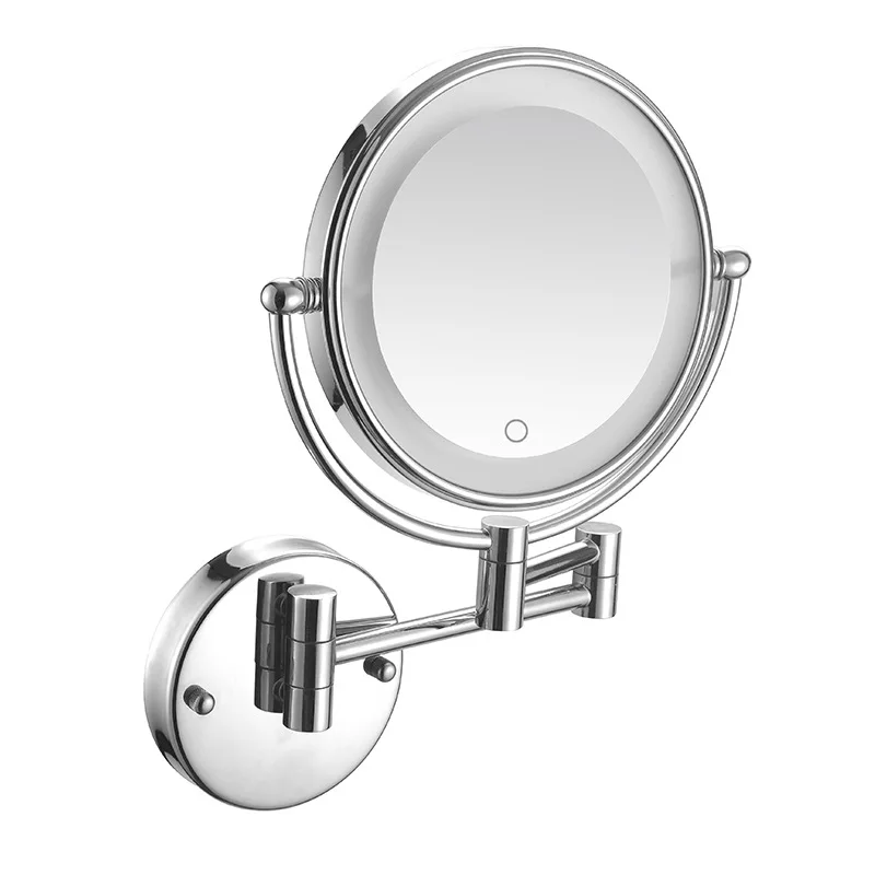 Wall mounted rotating telescopic makeup mirror with light tri colored double-sided mirror folding beauty bathroom accessories