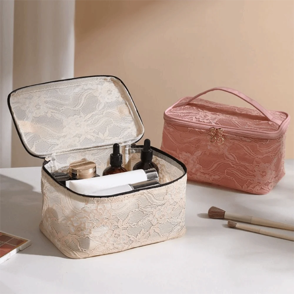 Elegant Portable Makeup Bag Lace Floral Pattern Travel Toiletry Pouch with Handle Large Capacity Handbag for Women